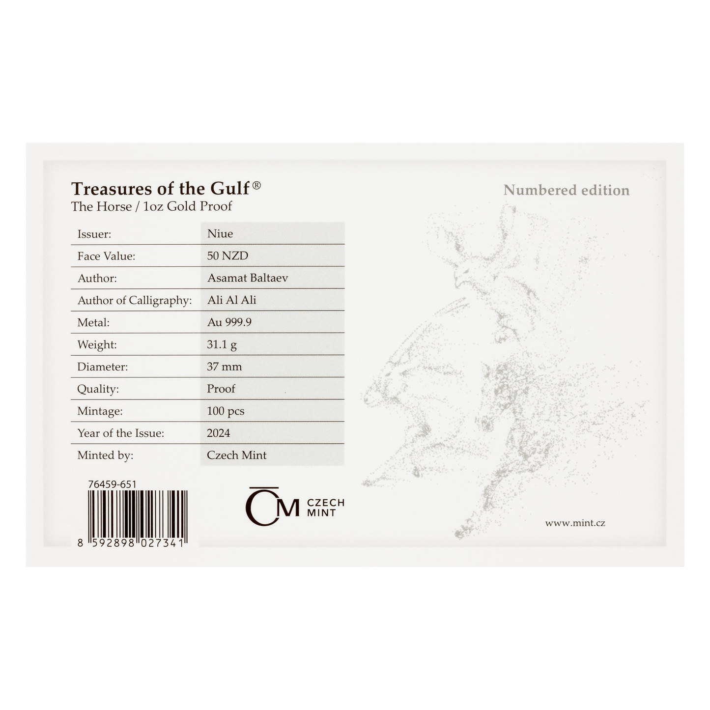 Czech Mint 1 Ounce Gold 9999 Treasures of the Gulf - The Horse 2024 Numbered Proof Coin