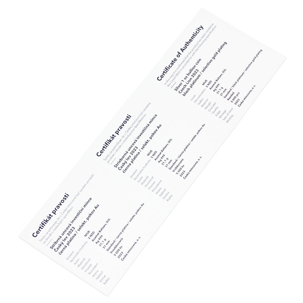 Czech Mint 1 Ounce Silver 999 Czech Lion 2023 Black Platinum/Selective Gold Plating Proof Coin