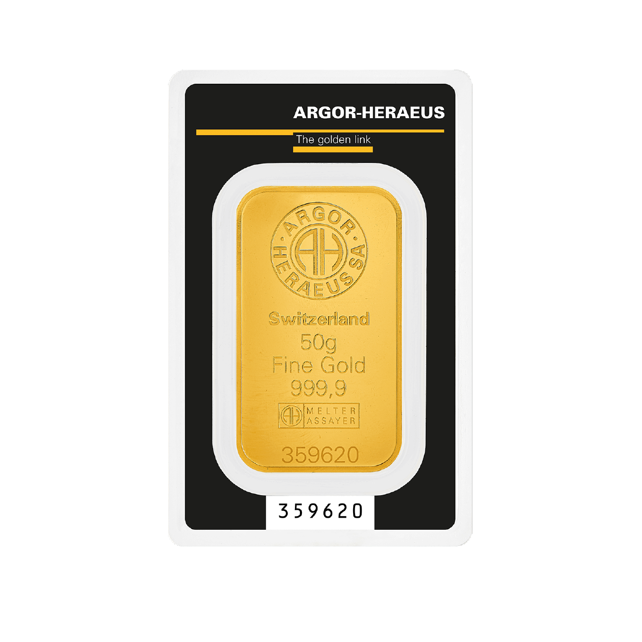 Argor-Heraeus 50 Gram Gold 9999 Minted Bar