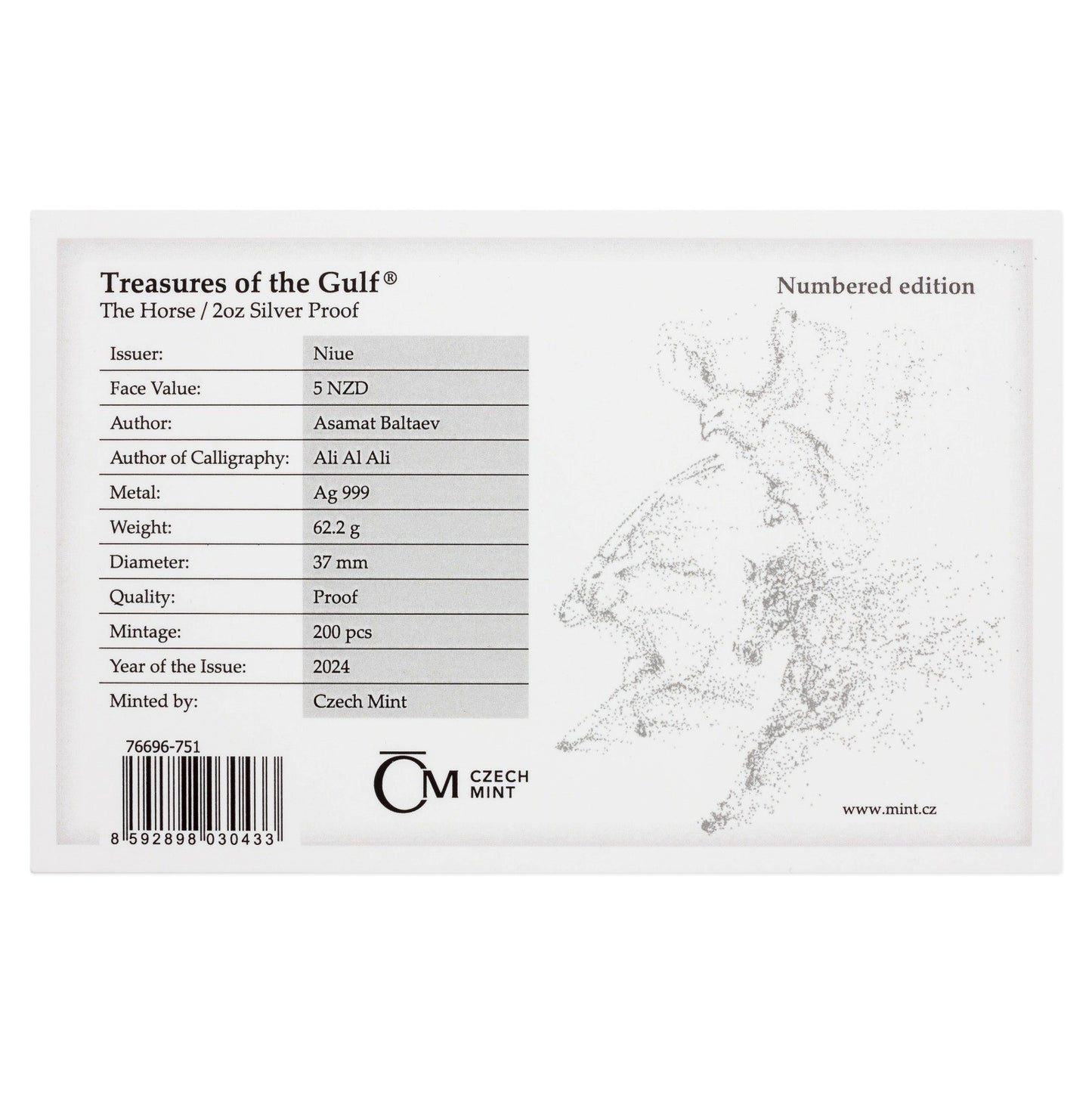 Czech Mint 2 Ounce Silver 999 Treasures of the Gulf - The Horse 2024 Proof Coin