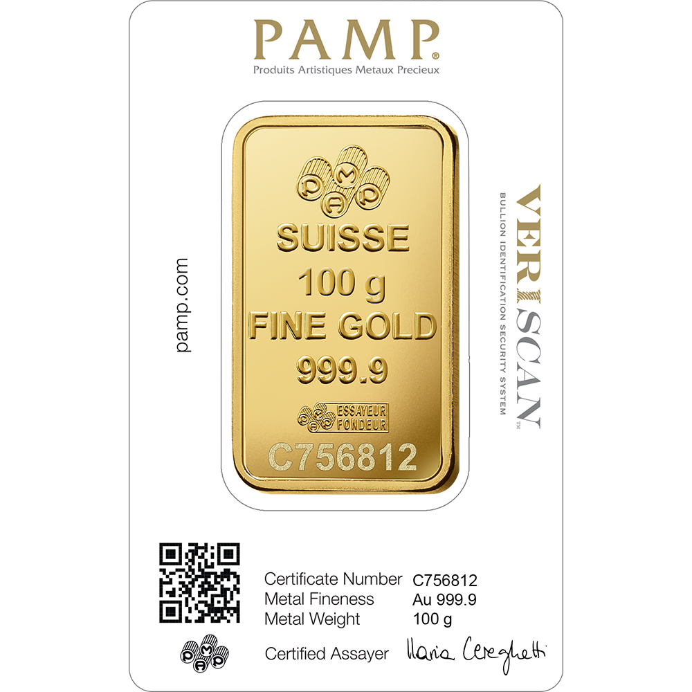 PAMP 100 Gram Gold 9999 Fortuna Minted Bar