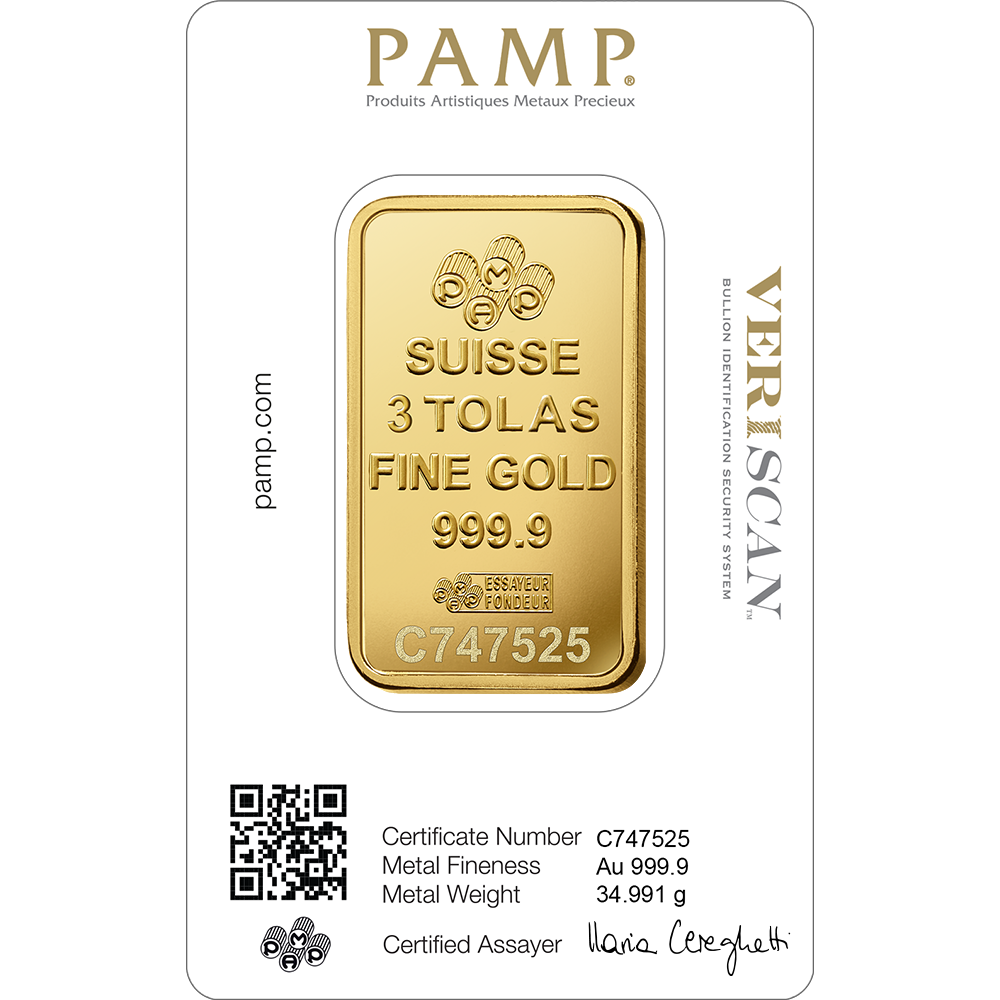 PAMP 3 Tola Gold 9999 Fortuna Minted Bar