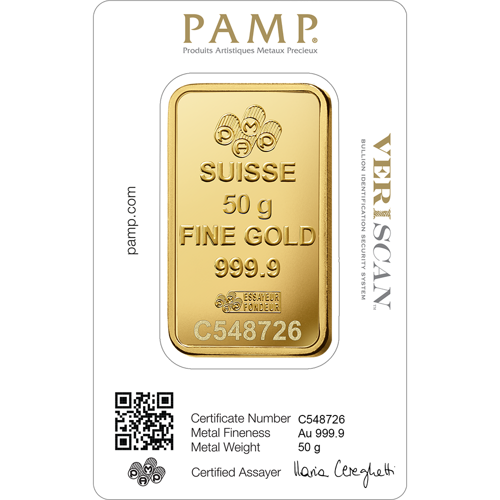 PAMP 50 Gram Gold 9999 Fortuna Minted Bar