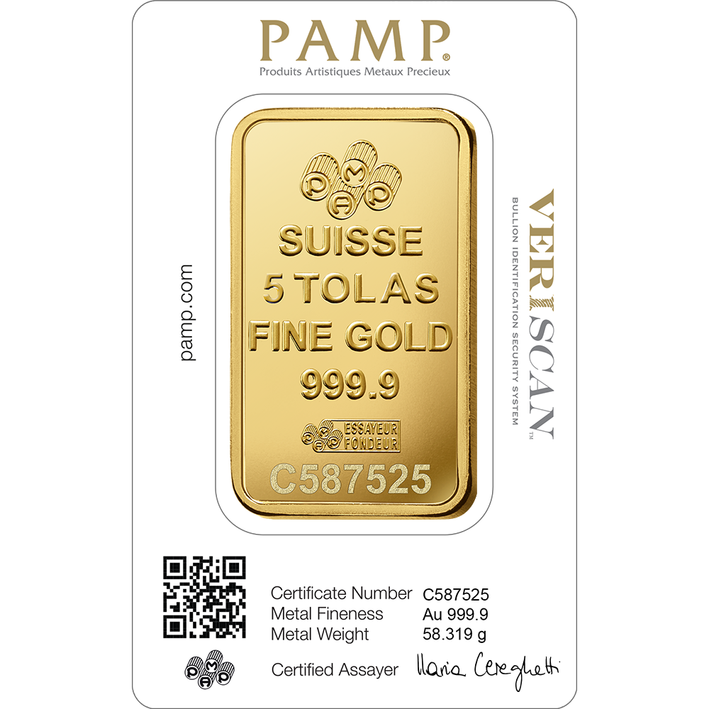 PAMP 5 Tola Gold 9999 Fortuna Minted Bar